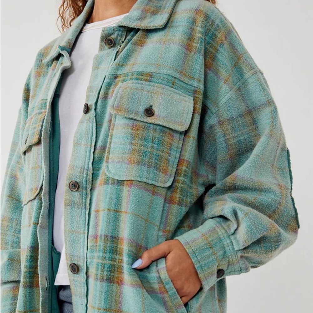 Free People Aqua Plaid Long Shacket with Gold & Green Accents - Picture 2 of 6